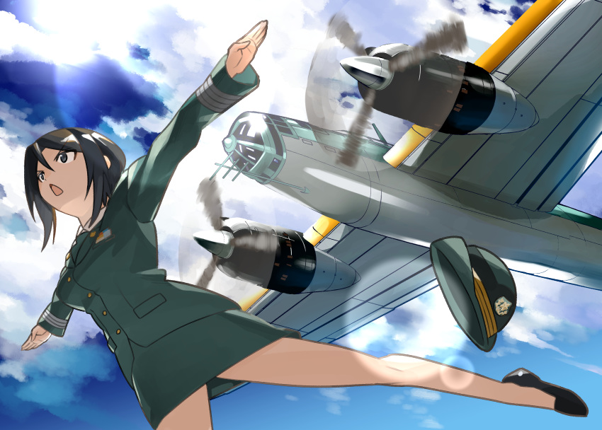 absurdres aircraft airplane bangs black_eyes black_footwear black_hair black_neckwear chouno_ami cloud cloudy_sky day dress_shirt female_service_cap flats from_below girls_und_panzer green_jacket green_shirt green_skirt hat hat_removed headwear_removed highres inou_takashi jacket japan_ground_self-defense_force japan_self-defense_force jumping lens_flare long_sleeves military military_hat military_uniform miniskirt necktie open_mouth outdoors outstretched_arms p1y pantyhose pencil_skirt sheer_legwear shirt shoes short_hair skirt sky skydive solo spread_arms spread_legs swept_bangs triangle_mouth uniform v-shaped_eyebrows