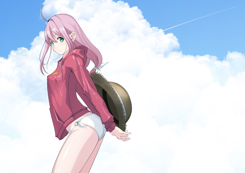 ahoge aqua_eyes blue_sky bow breasts closed_mouth cloud condensation_trail day hair_bow hat hood hoodie kagamihara_nadeshiko large_breasts locks long_hair looking_at_viewer outdoors pink_hair red_hoodie sky solo sun_hat swimsuit tomcat white_bikini_bottom white_bow white_swimsuit yurucamp
