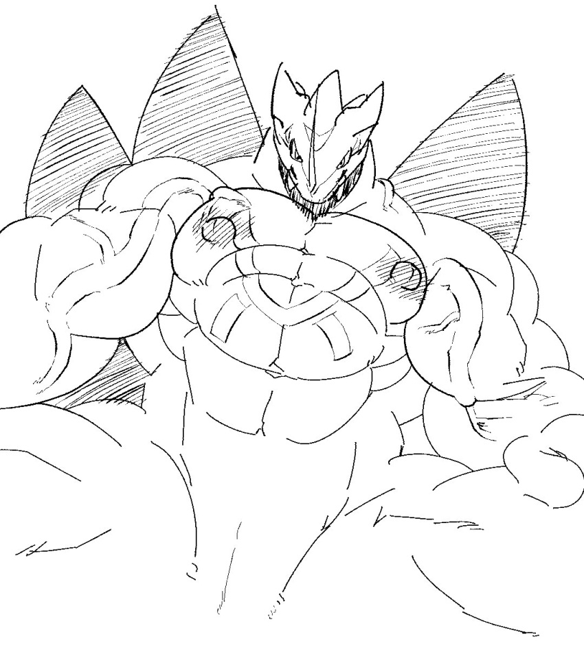 abs back_muscles biceps claws digimon erect_nipples exveemon hatake horn huge_muscles looking_at_viewer male muscular nipples pecs quads scalie sketch smile solo triceps veiny_muscles wings