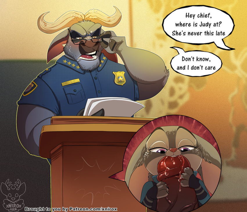 big_penis bovine buffalo cape_buffalo chief_bogo clothing dialogue disney english_text eyewear fellatio female glasses interspecies judy_hopps lagomorph male male/female mammal oral penis podium police_uniform public rabbit sex size_difference speech_bubble stealth_sex text thick_penis uniform vein veiny_penis xnirox zootopia