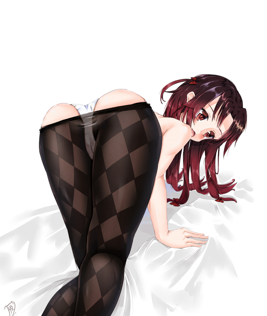 1girl argyle argyle_legwear ass black_hair black_pantyhose bow female hair_bow open_mouth pantyhose pantyhose_pull red_bow red_eyes ryuuou_no_oshigoto! shiny_hair shiny_shiny simple_background solo underwear white_background white_panties yashajin_ai