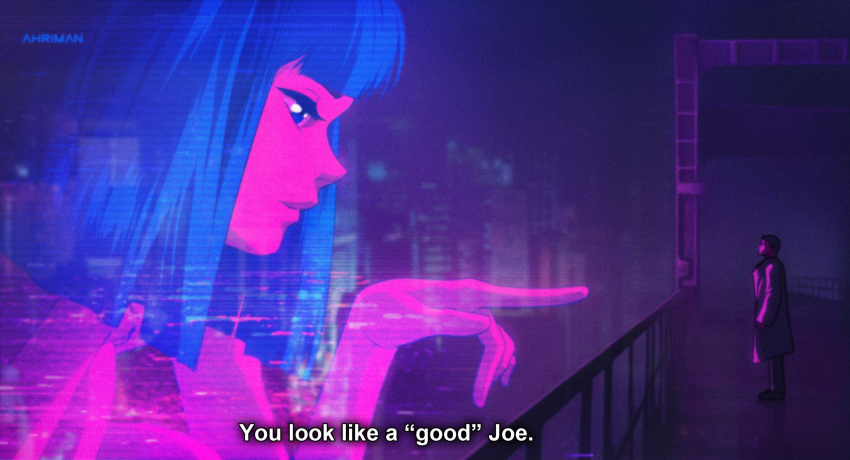 1girl 80s ahriman_(artist) artist_name bangs blade_runner blade_runner_2049 blue_eyes blue_hair blunt_bangs cyberpunk english fake_screenshot from_side giantess highres hologram joi k_(blade_runner_2049) labcoat night nude oldschool parody pink_skin pointing profile purple_skin railing raincoat science_fiction signature spoilers standing subtitled upper_body