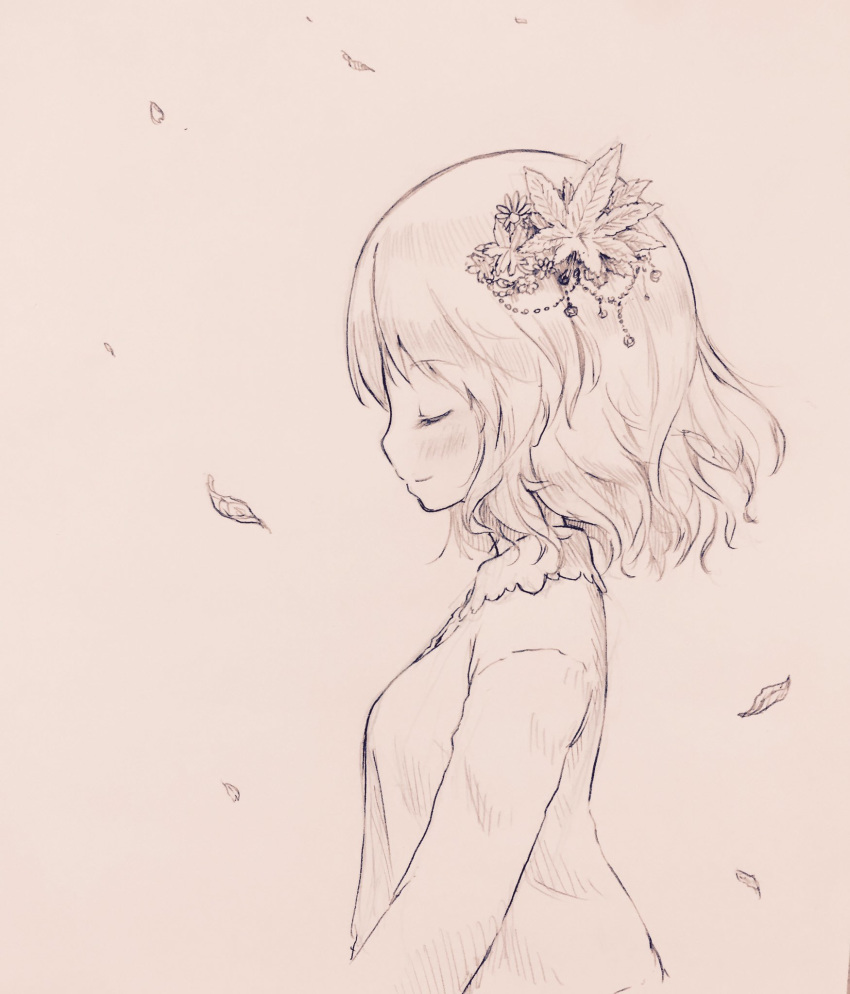 aki_shizuha arinu closed closed_eyes closed_mouth collar commentary_request eyebrows_visible_through_hair falling_leaves graphite_(medium) greyscale hair_ornament highres leaf leaf_hair_ornament leaf_on_head long_sleeves maple_leaf monochrome profile shirt short_hair solo touhou traditional_media