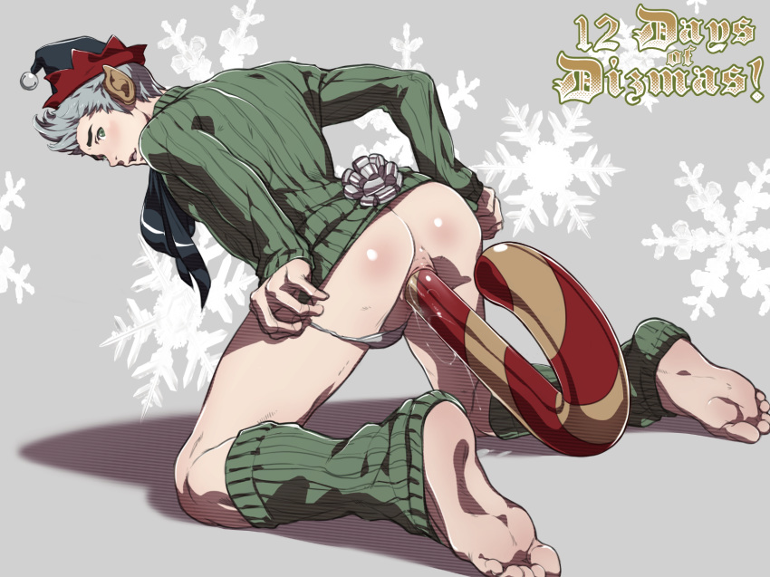 anal anal_object_insertion animal_ears ass barefoot bow candy candy_cane commentary dizdoodz elf elf_hat english english_commentary eyebrows fake_animal_ears fire_emblem fire_emblem_if food food_insertion from_behind green_eyes green_legwear green_sweater grey_background grey_hair hat highres large_insertion looking_at_viewer male_focus object_insertion open_mouth oversized_food oversized_object pointy_ears quiff ribbed_legwear ribbed_sweater silas_(fire_emblem_if) smile snowflakes solo sweater uncensored underwear_aside white_bow