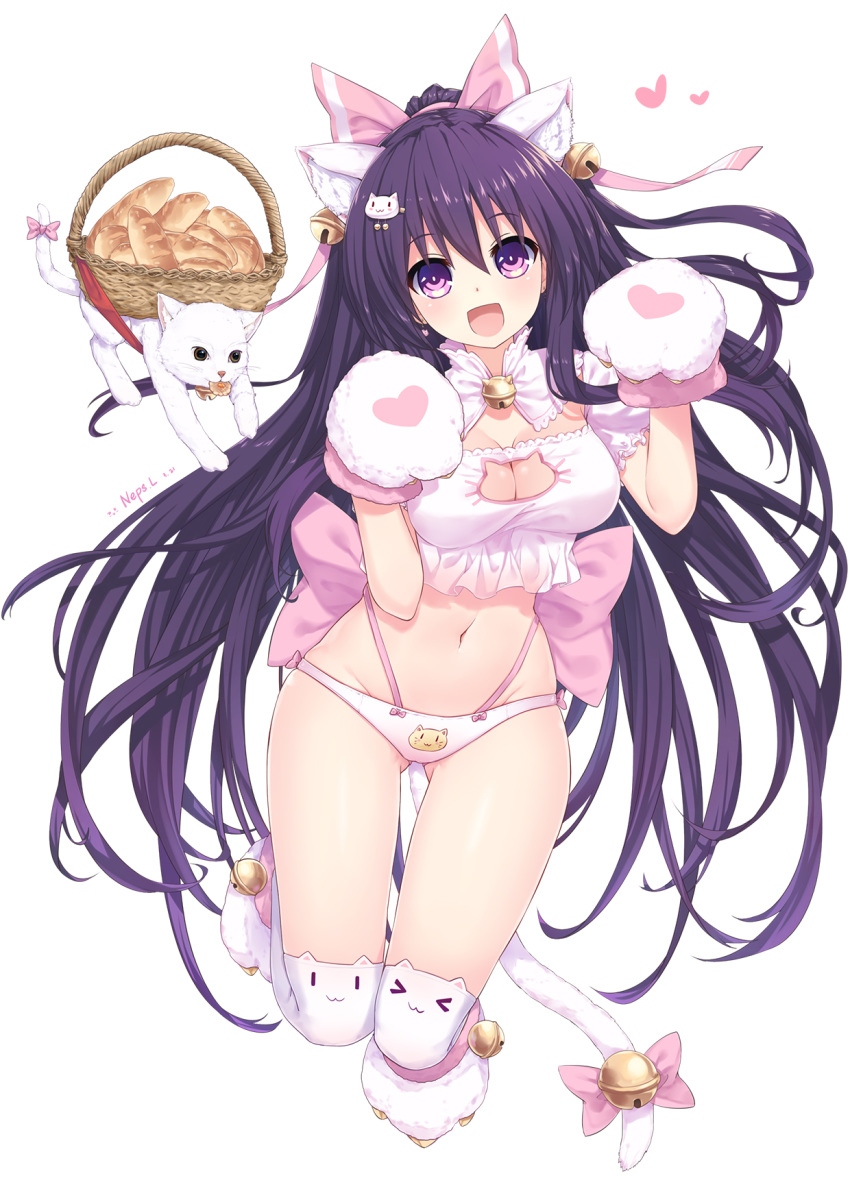 &gt;3&lt; :3 :d alternate_costume animal_ears animal_print basket bell bell_collar blush bra bread breasts cat cat_ears cat_hair_ornament cat_lingerie cat_panties cat_print cat_tail cleavage cleavage_cutout collar date_a_live food frilled_bra frills full_body gloves groin hair_ornament hair_ribbon hands_up heart heart_print highres long_hair looking_at_viewer medium_breasts meme_attire navel neps-l open_mouth panties paw_gloves paw_print paw_shoes paws pink_ribbon print_panties purple_eyes purple_hair ribbon shoes simple_background smile solo tail tail_ribbon thighhighs underwear very_long_hair white_background yatogami_tooka