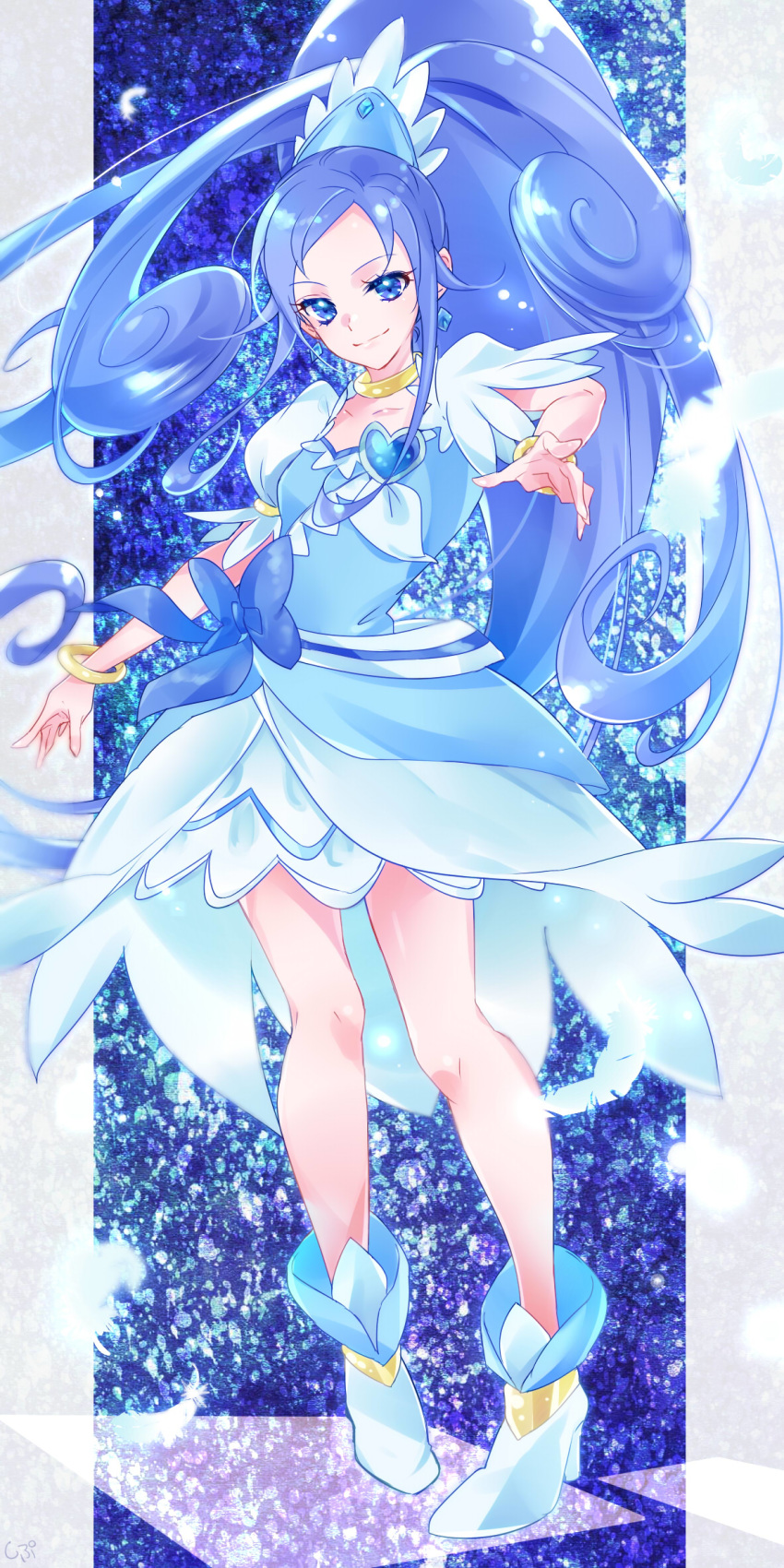 blue_eyes blue_hair blush boots cure_diamond dress long_hair magical_girl ponytail smile