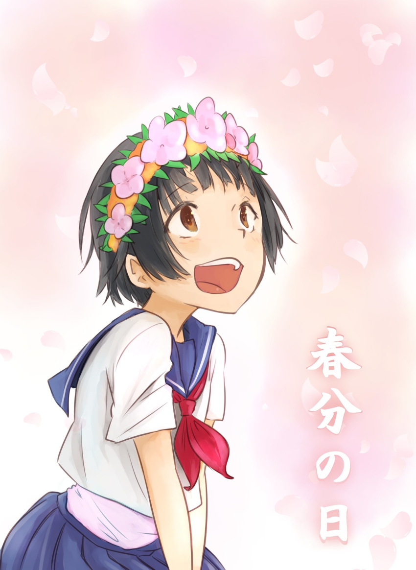 black_hair blue_sailor_collar blue_skirt brown_eyes commentary_request flower hair_flower hair_ornament head_wreath highres looking_up neckerchief open_mouth pink_background pleated_skirt red_neckwear sailor_collar sakugawa_school_uniform school_uniform serafuku short_hair simple_background skirt solo to_aru_kagaku_no_railgun to_aru_majutsu_no_index uiharu_kazari upper_body yuuki_(qgbugtbhbxn5ts9)