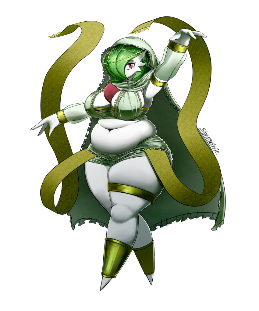 2018 big_breasts breasts cleavage clothed clothing dark_souls female fullmetalmentalist gardevoir midriff nintendo overweight pok&eacute;mon pok&eacute;mon_(species) skimpy solo thick_thighs video_games wide_hips