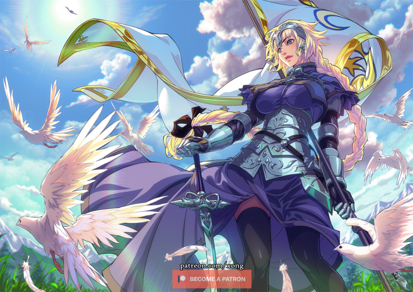armor armored_dress bird blonde_hair blue_eyes blue_sky bow braid capelet chain cloud day dove dual_wielding fate/apocrypha fate/grand_order fate_(series) faulds feathers flag flying from_below gauntlets grass hair_bow hair_ribbon headpiece holding jeanne_d'arc_(fate) jeanne_d'arc_(fate)_(all) long_braid long_hair mountain mountainous_horizon plackart planted_sword planted_weapon ribbon single_braid sky sun sunlight sword thighhighs thighs very_long_hair weapon xong