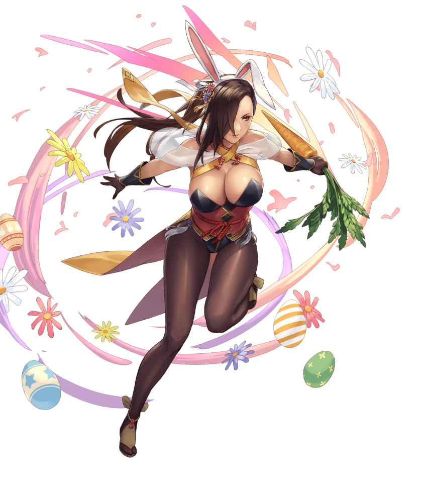 alternate_costume animal_ears bangs bare_shoulders breasts brown_eyes brown_hair bunny_ears carrot cleavage cuboon easter_egg egg fake_animal_ears fire_emblem fire_emblem_heroes fire_emblem_if food full_body gloves hair_over_one_eye highres holding holding_vegetable kagerou_(fire_emblem_if) large_breasts leg_up leotard long_hair looking_to_the_side official_art pantyhose shiny shiny_skin smile solo striped transparent_background vegetable