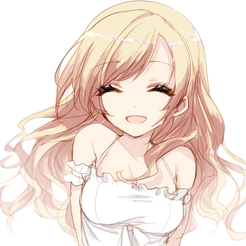 :d ^_^ absurdres bad_id bad_pixiv_id bangs bare_shoulders blonde_hair breasts cleavage closed_eyes commentary cuffs dress eyebrows_visible_through_hair hair_between_eyes highres long_hair medium_breasts misteor open_mouth original smile solo white_background white_dress