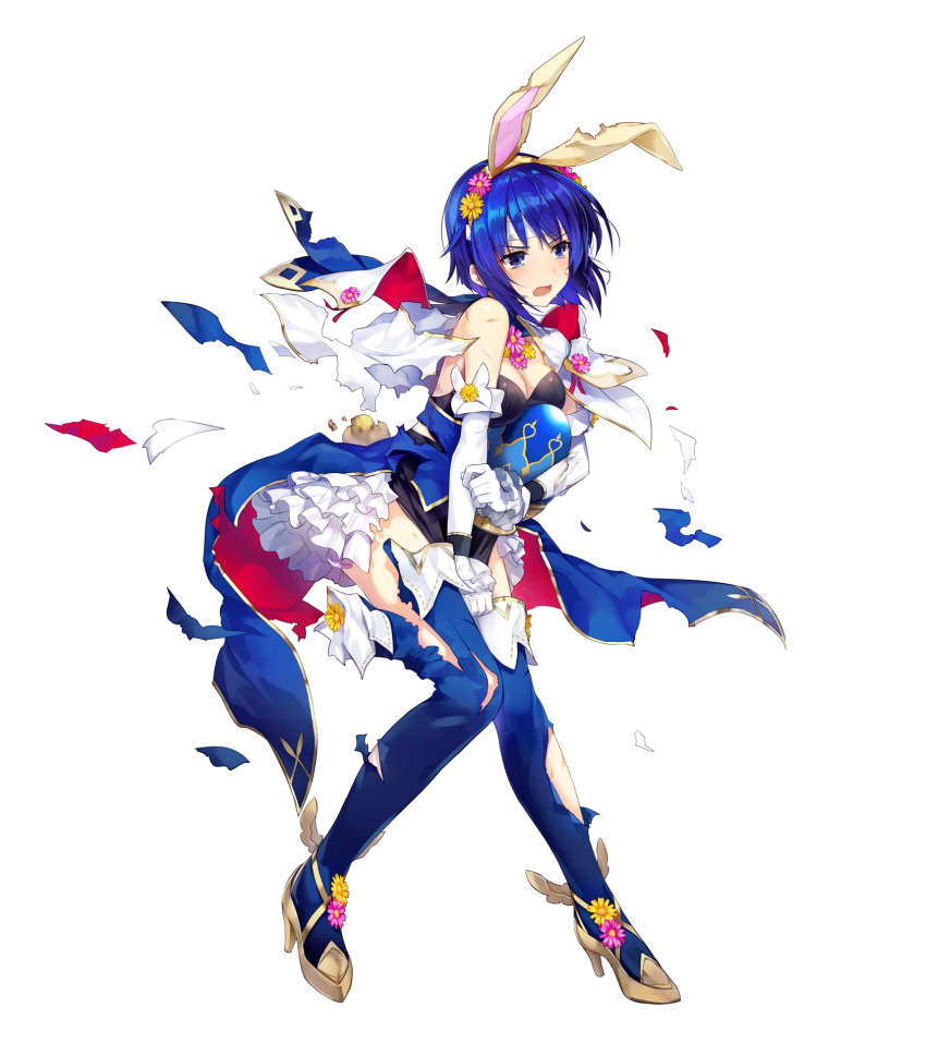 alternate_costume amagai_tarou animal_ears bangs bare_shoulders blue_eyes blue_hair blue_legwear breasts bunny_ears cleavage detached_sleeves easter_egg egg elbow_gloves eyebrows_visible_through_hair fake_animal_ears fire_emblem fire_emblem:_monshou_no_nazo fire_emblem_heroes flower frills full_body gloves hair_flower hair_ornament headband high_heels highres holding katua medium_breasts official_art open_mouth pelvic_curtain scar short_hair solo thighhighs torn_clothes transparent_background white_gloves