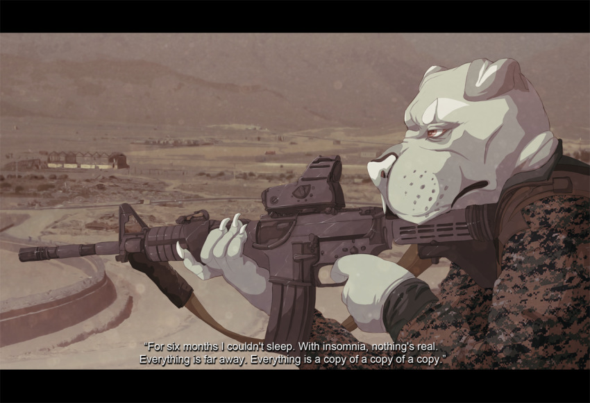 anthro army_uniform camo canine clothed clothing english_text gun jeanwoof male mammal outside ranged_weapon rifle scar solo text weapon