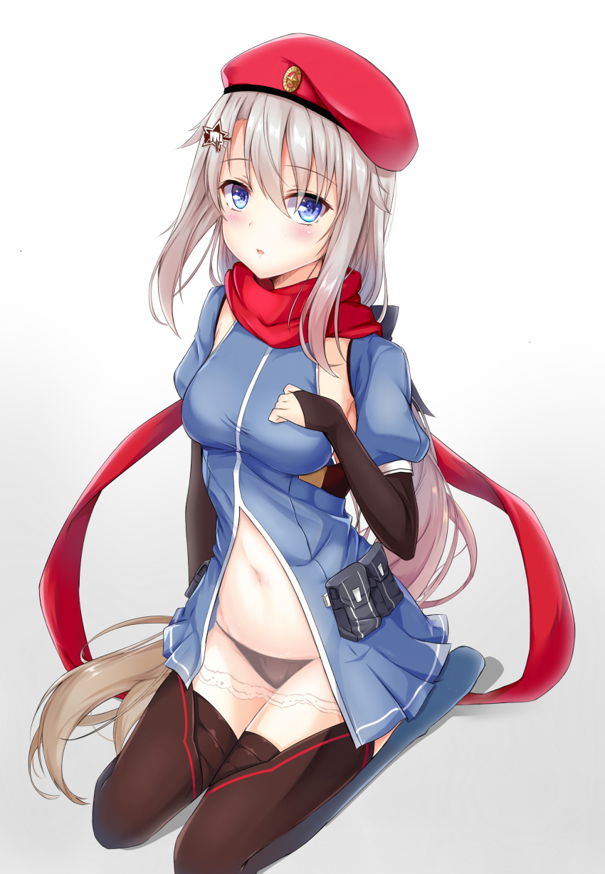 9a-91_(girls_frontline) absurdres arm_at_side bangs beret blue_eyes blush breasts commentary dress elbow_gloves eyebrows_visible_through_hair girls_frontline gloves grey_background hair_between_eyes hair_ornament hand_on_own_chest hat highres ko_katakuchiiwashi long_hair looking looking_at_viewer medium_breasts navel open_mouth panties pouch puffy_sleeves red_scarf scarf see-through seiza sidelocks silver_hair simple_background sitting solo star star_hair_ornament stomach thighhighs thighs underwear very_long_hair