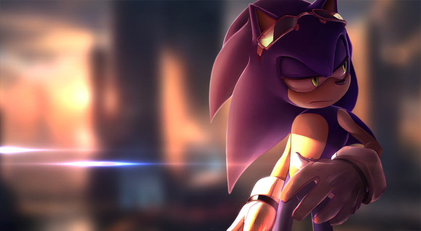 annoyed blue_fur blurred_background city clothing detailed einnharder eyewear fur glasses gloves goggles green_eyes hedgehog hi_res male mammal nude solo sonic_(series) sonic_the_hedgehog