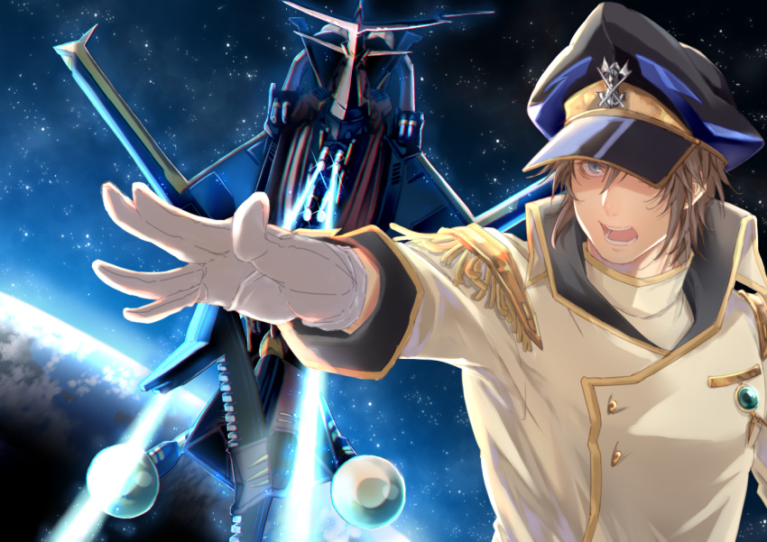 beam beam_cannon double-breasted earth epaulettes from_above gloves hat matsuda_(nekonyaoupchan) military military_hat military_uniform one_eye_covered space space_craft super_robot_wars super_robot_wars_original_generation tetsuya_onodera uniform white_gloves