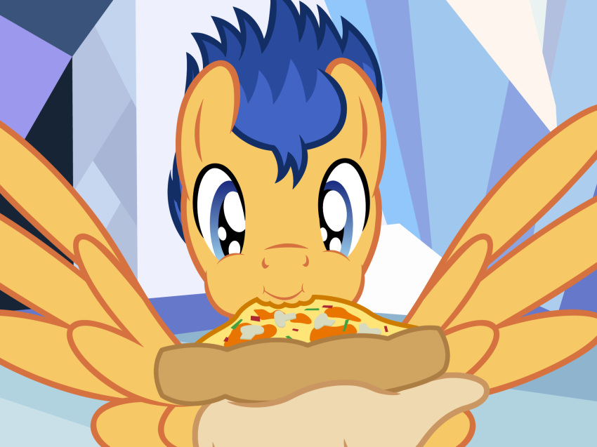 badumsquish blue_eyes blue_hair chubby_cheeks crystal_empire eating equine feeding first_person_view flash_sentry_(mlp) food friendship_is_magic hair happy human male mammal my_little_pony offscreen_character pegasus pizza solo spread_wings wings