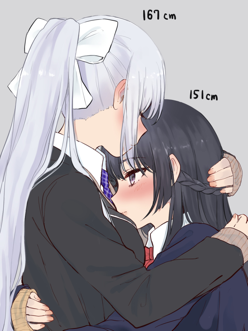 bangs black_hair black_jacket blazer blush bow braid breasts closed_mouth commentary hair_bow height_difference highres higuchi_kaede hug jacket long_hair medium_breasts multiple_girls nijisanji ponytail purple_eyes purple_neckwear red_neckwear school_uniform silver_hair suto_(iamsuto) tsukino_mito virtual_youtuber white_bow yuri