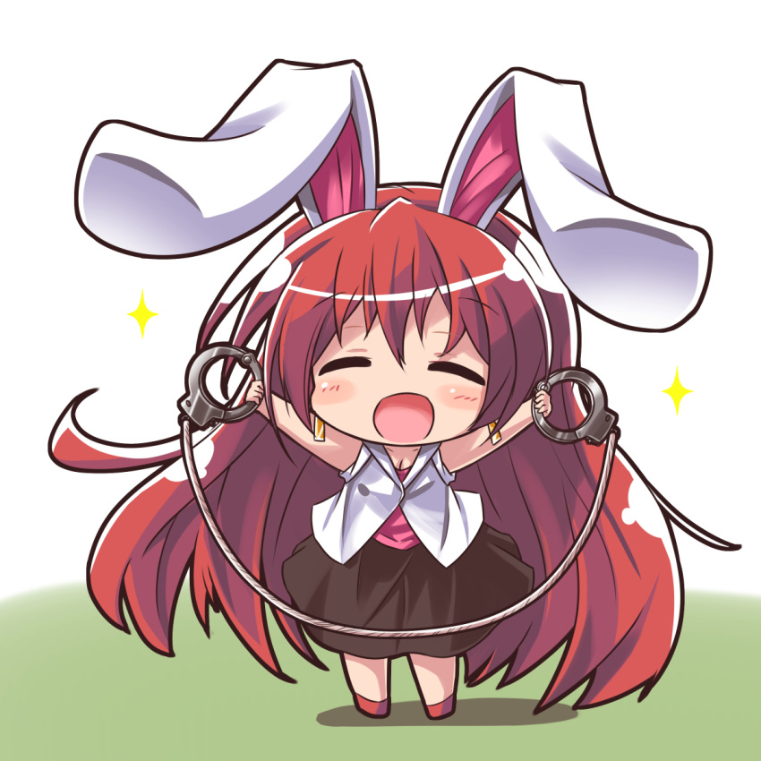 :d animal_ears bangs bare_arms bare_shoulders black_skirt blush_stickers breasts bunny_ears chibi cleavage closed_eyes commentary_request cuffs earrings eyebrows_visible_through_hair facing_viewer full_body hair_between_eyes handcuffs highres holding jewelry long_hair open_mouth original pink_shirt red_footwear red_hair ryogo shirt skirt sleeveless sleeveless_shirt small_breasts smile solo sparkle standing usami_tsuitachi very_long_hair vest white_vest
