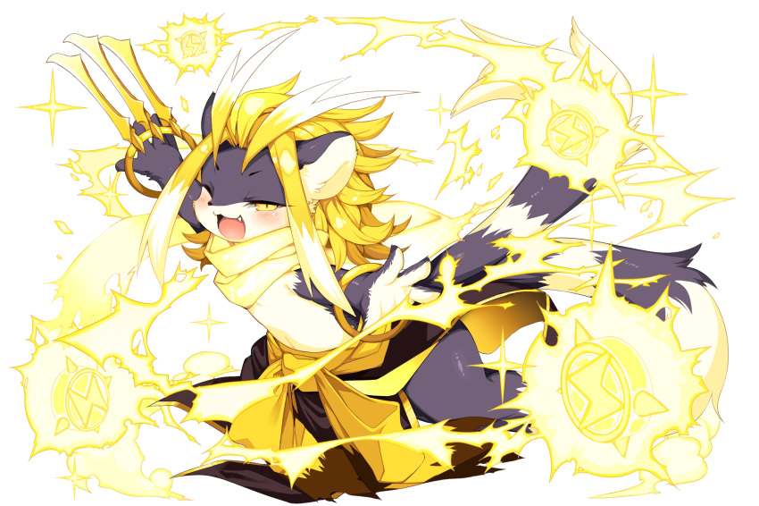 antenna_hair blonde_hair blush bracelet claw_(weapon) electricity fang full_body fullbokko_heroes highres holding holding_weapon jewelry kishibe long_hair looking_at_viewer multiple_tails official_art one_eye_closed outstretched_arms scarf simple_background tail weapon white_background yellow