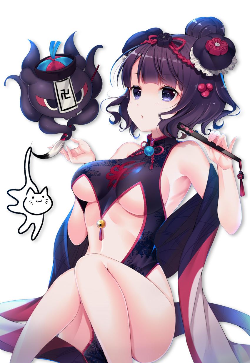 1girl animal bangs bare_legs bare_shoulders bell black_dress breasts calligraphy_brush china_dress chinese_clothes closed_fan commentary_request cosplay dress eyebrows_visible_through_hair fan fate/grand_order fate_(series) folding_fan hair_bun hair_ornament hands_up highres holding holding_fan holding_paintbrush jingle_bell katsushika_hokusai_(fate/grand_order) knees_together_feet_apart ko_yu koyanskaya koyanskaya_(cosplay) long_sleeves looking_at_viewer medium_breasts octopus paintbrush parted_lips pelvic_curtain purple_eyes purple_hair simple_background sitting sleeveless sleeveless_dress tamamo_(assassin)_(fate) tamamo_(fate)_(all) tokitarou_(fate/grand_order) white_background