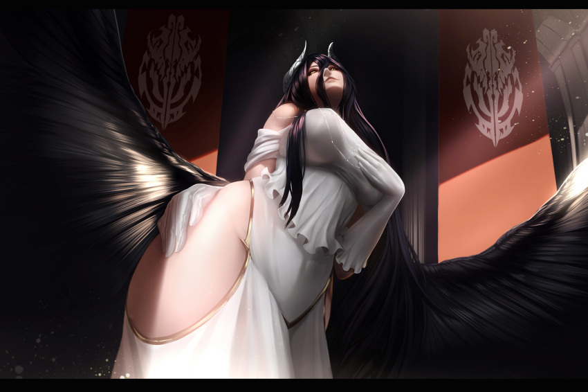 albedo black_hair black_wings blonde_hair breasts demon_girl demon_horns demon_wings dress gloves hair_between_eyes hand_on_breast highres horns large_breasts long_hair milk-doll overlord_(maruyama) solo thighhighs thighs very_long_hair white_dress white_gloves wings