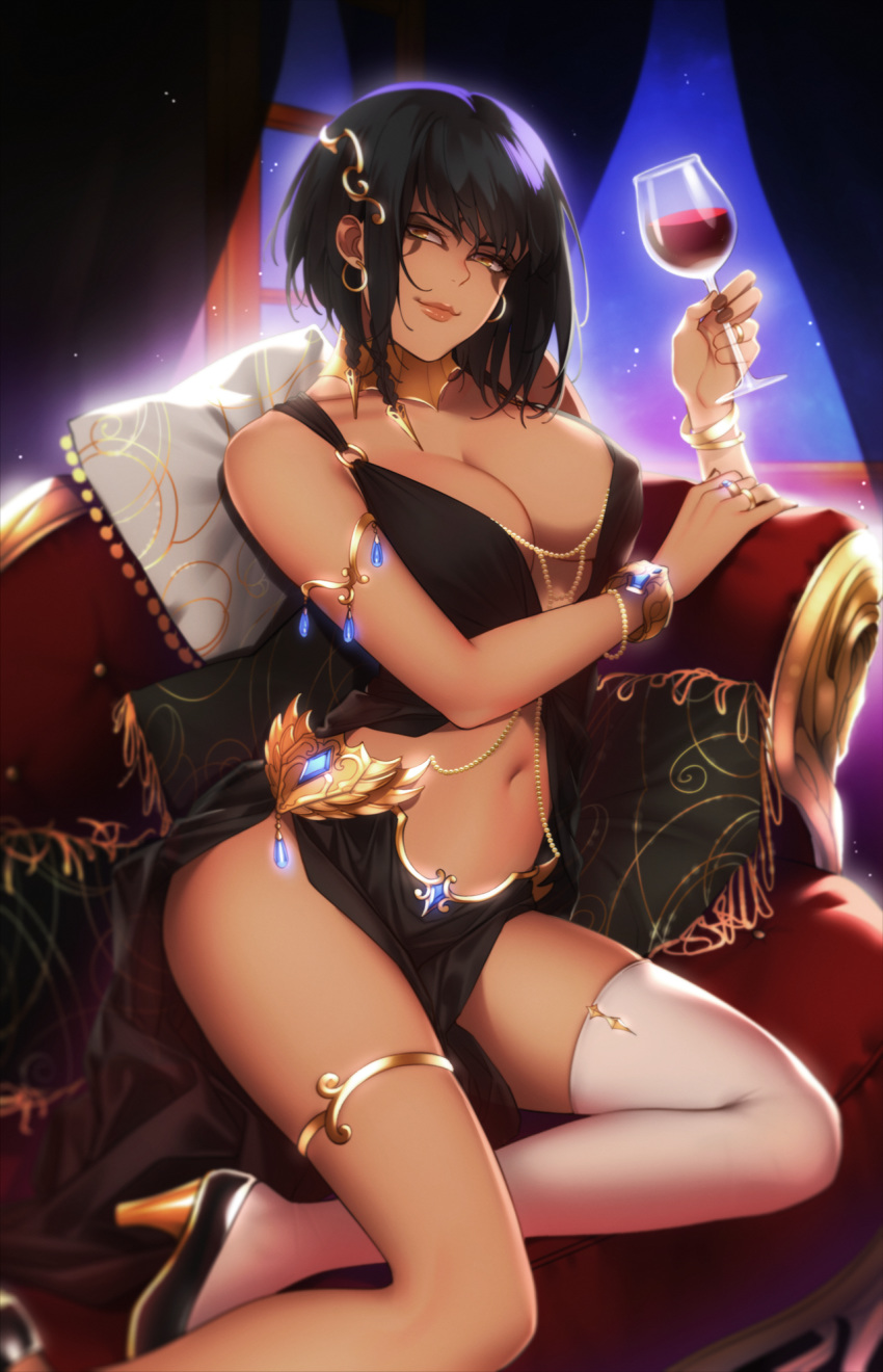 alcohol bangle bare_shoulders black_hair bracelet breasts cleavage commentary commission couch cup curtains drinking_glass earrings eventh7 facial_mark high_heels highres hoop_earrings indoors jewelry large_breasts light_smile lips looking_at_viewer navel night original pearl_bracelet pelvic_curtain pillow ring shoes short_hair single_thighhigh solo stomach thighhighs thighlet white_legwear window wine wine_glass yellow_eyes