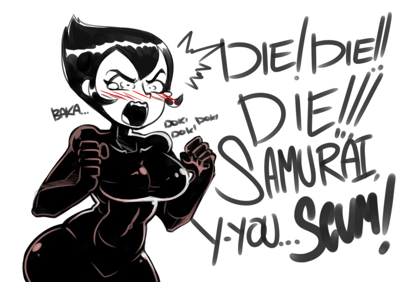 1girl ashi_(samurai_jack) black_hair blush bodysuit breasts clenched_hand covered_navel embarrassed english female hands_up highres large_breasts monochrome onatart open_mouth samurai_jack short_hair simple_background solo spot_color talking tears teeth text white_background