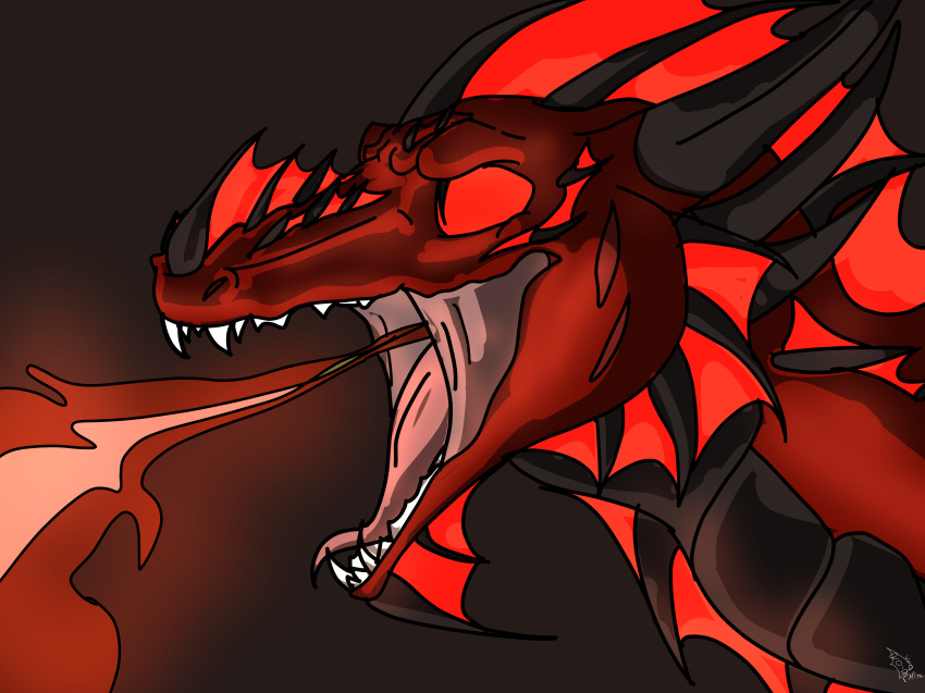 angry dragon fire frill hi_res horn lovecatsanddragons plates red_fire red_scales scales simple_background slit_pupils teeth tongue