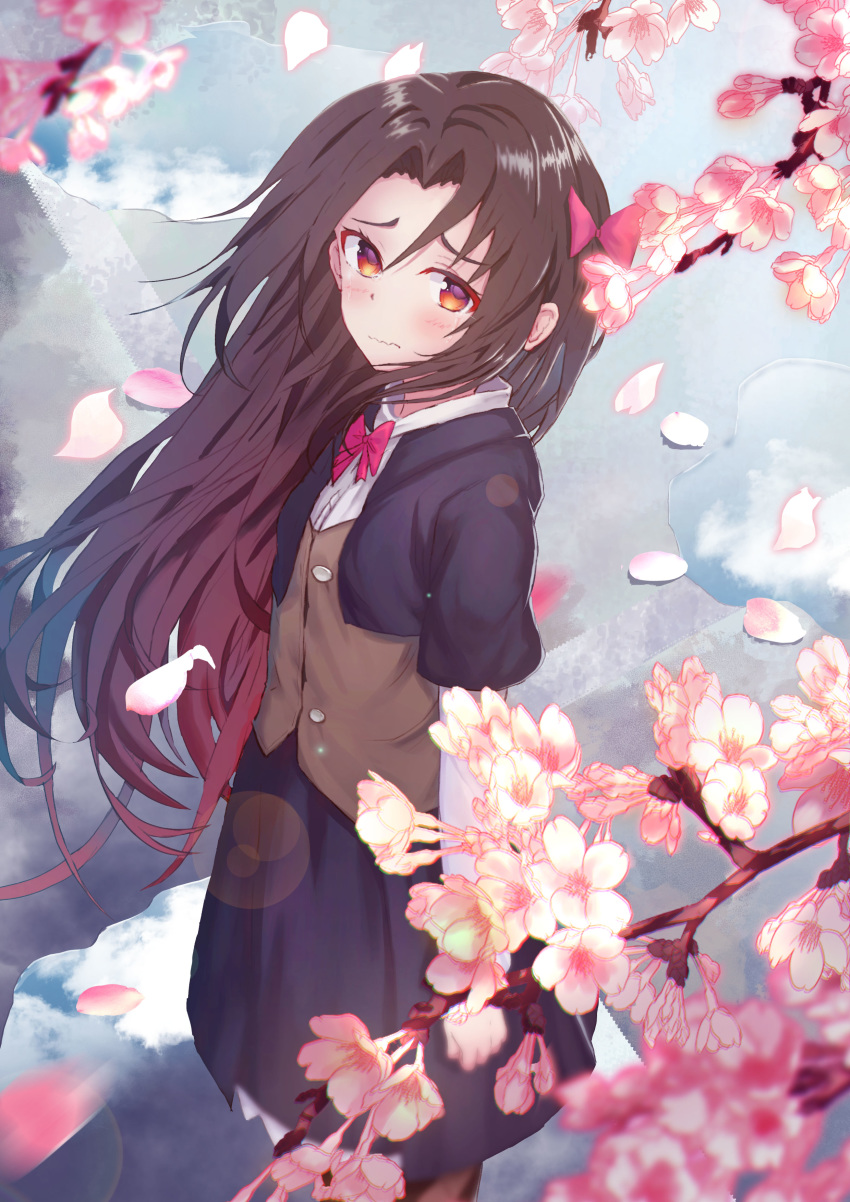 absurdres black_skirt blush bow brown_hair cherry_blossoms chromatic_aberration crying hair_bow highres long_hair looking_at_viewer older outdoors puddle red_eyes ryuuou_no_oshigoto! school_uniform silkysak skirt standing tears vest wavy_mouth yashajin_ai