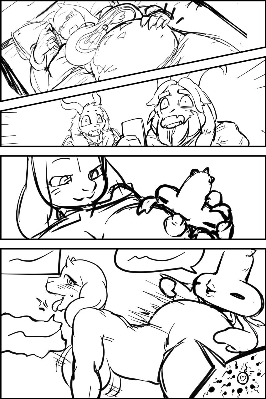 2018 all_fours anthro asgore_dreemurr asriel_dreemurr baby big_breasts birth boss_monster breastfeed breasts caprine clothing comic digital_media_(artwork) doggystyle female flashback from_behind_position fur goat horn huge_breasts humor jerry_(undertale) mammal mature_female nipples nude parent pregnant sex shocked simple_background surprise sya text toriel undertale video_games young