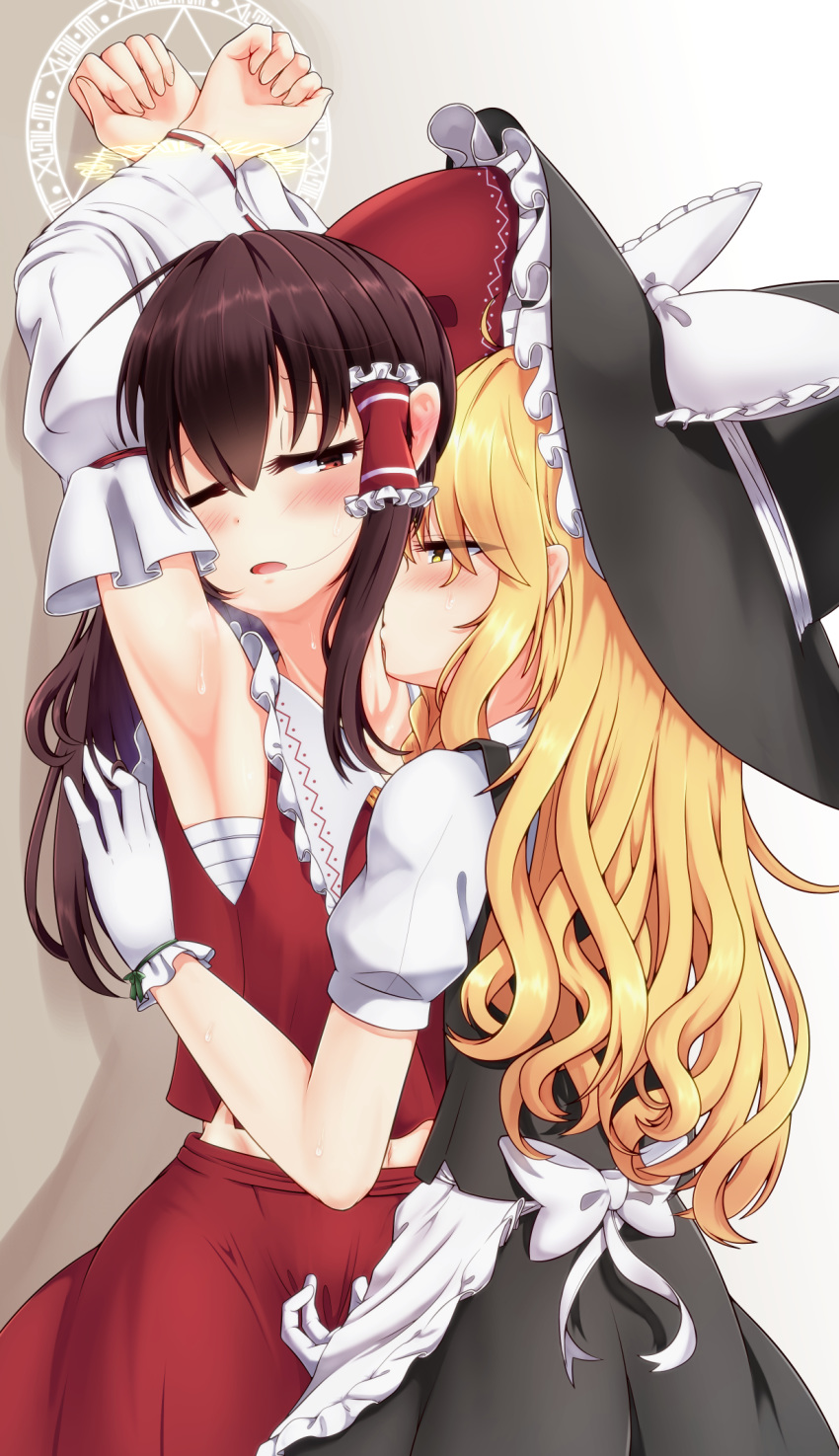 against_wall apron armpits arms_up bdsm blonde_hair blush bound bound_wrists bow brown_eyes brown_hair commentary cowboy_shot d; detached_sleeves fingering fingering_through_clothes from_behind from_side gloves hair_between_eyes hair_bow hair_tubes hakurei_reimu hat hat_bow height_difference highres kirisame_marisa kiss long_hair long_sleeves looking_at_another magic_circle multiple_girls neck_kiss one_eye_closed open_mouth parted_lips profile puffy_short_sleeves puffy_sleeves rankasei red_bow red_eyes red_skirt sarashi shadow short_sleeves sidelocks skirt standing sweat through_clothes touhou waist_apron white_apron white_bow white_gloves wide_sleeves witch_hat yellow_eyes yuri