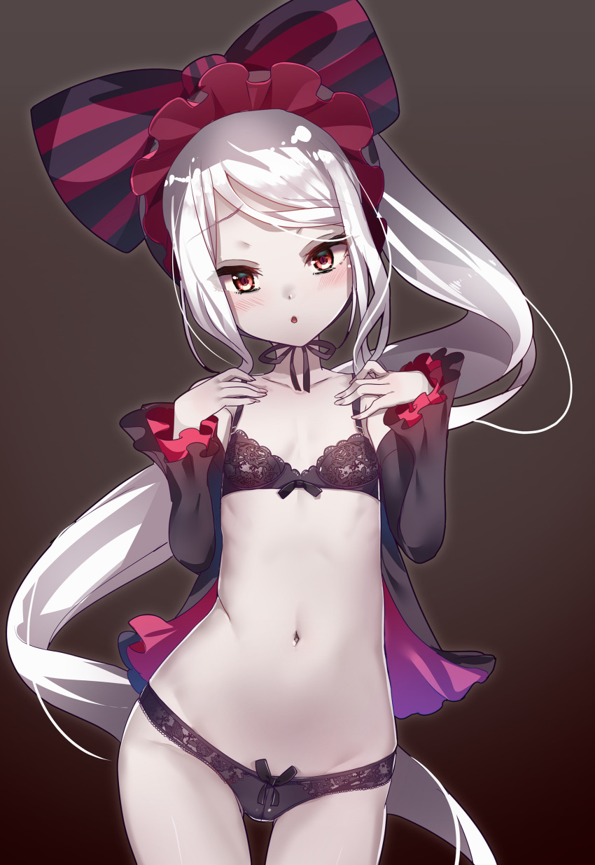 :o absurdres ass_visible_through_thighs bangs black_background black_bra black_panties blush bonnet bow bow_bra bow_panties bra breasts chin_strap collarbone detached_sleeves eyebrows_visible_through_hair frills hair_bow highres large_bow long_hair long_sleeves looking_at_viewer navel open_mouth overlord_(maruyama) panties ponytail red_eyes shalltear_bloodfallen side_ponytail silver_hair simple_background skindentation small_breasts solo standing stomach thigh_gap underwear underwear_only vampire very_long_hair white_hair yamacchi