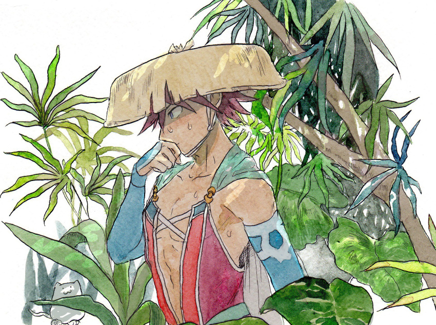 blue_eyes brown_hair cape cat fuurai_no_shiren highres japanese_clothes male_focus sandogasa shiren_(fuurai_no_shiren) shirt sirentmin sleeveless sleeveless_shirt solo sweat traditional_media upper_body wiping_face