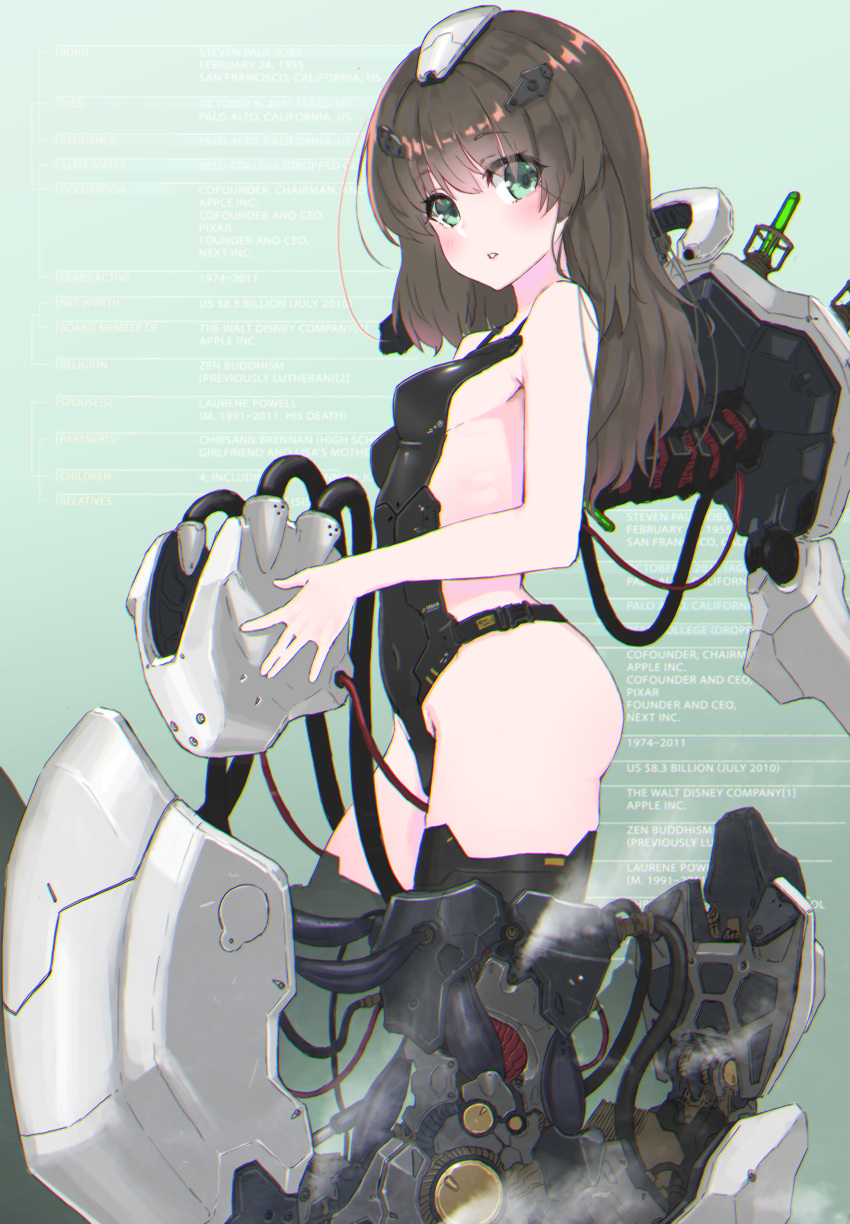 absurdres black_legwear black_leotard blush breasts brown_hair cable commentary_request eyebrows_visible_through_hair from_side green_background green_eyes hair_ornament highres hips holding leg_armor leotard long_hair looking_at_viewer mecha_musume oota_youjo original parted_lips ribs sideboob skin_tight small_breasts solo standing steam thighhighs