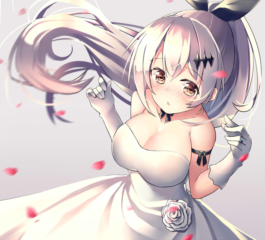 alternate_costume bad_id bad_pixiv_id bangs bare_shoulders blush bow breasts brown_eyes cleavage commentary_request dress eyebrows_visible_through_hair five-seven_(girls_frontline) flower girls_frontline gloves hair_ornament hair_ribbon highres large_breasts long_hair looking_at_viewer ponytail ribbon silver_hair solo very_long_hair wedding_dress white_dress white_gloves zhao_(pixiv12947327)