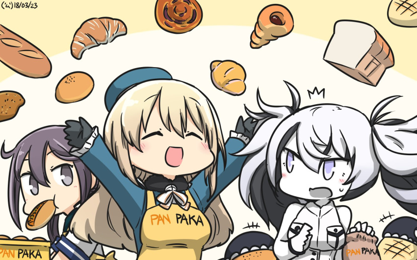 /\/\/\ 3girls :d akebono_(kantai_collection) apron atago_(kantai_collection) black_gloves black_hair blonde_hair blush bow bowtie bread closed_eyes commentary dated eating escort_water_hime food food_in_mouth gloves hamu_koutarou highres kantai_collection long_hair multicolored_hair multiple_girls object_namesake open_mouth pan-pa-ka-paaan! pun purple_eyes purple_hair shinkaisei-kan smile twintails two-tone_hair white_eyes white_gloves white_hair white_skin