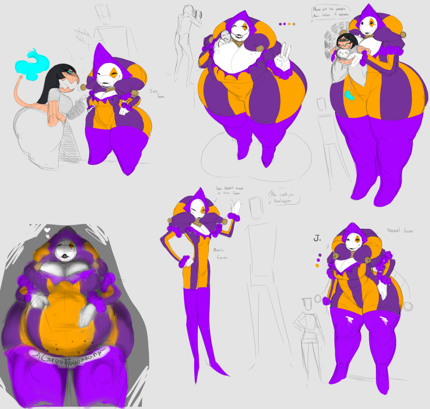 2017 belly big_belly big_breasts big_butt breasts butt cleavage clothed clothing clown digital_media_(artwork) dongwongtang drooling english_text eyes_closed female food footwear fruit gloves group hair harlequin hat human humanoid j_(dongwongtang) jack-o'-lantern jester larger_female larger_male legwear male mammal noisy_stomach not_furry open_mouth plant pumpkin pumpkin_spice_(dongwongtang) saliva shape_shifter sharp_teeth simple_background size_difference smaller_female smaller_male smile standing stockings teeth text thick_thighs white_skin wide_hips