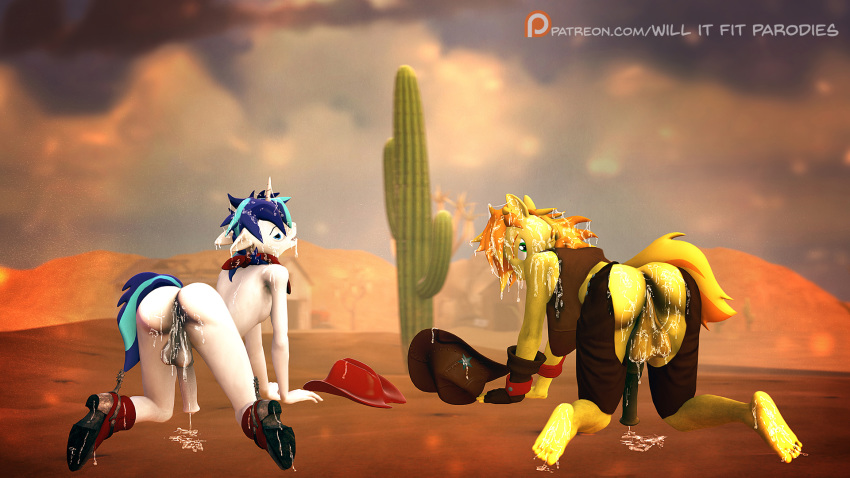 3d_(artwork) all_fours animal_genitalia animal_penis anthro balls barefoot boots braeburn_(mlp) butt cactus clothing cowboy cowboy_boots cowboy_hat cum cum_everywhere cum_in_mouth cum_inside cum_on_balls cum_on_butt cum_on_face cum_on_feet cum_on_ground desert digital_media_(artwork) equine_penis exposed feet footwear friendship_is_magic hat looking_at_viewer looking_back male male/male messy my_little_pony nude patreon penis presenting scarf sheriff_badge shining_armor_(mlp) source_filmmaker vest willitfit