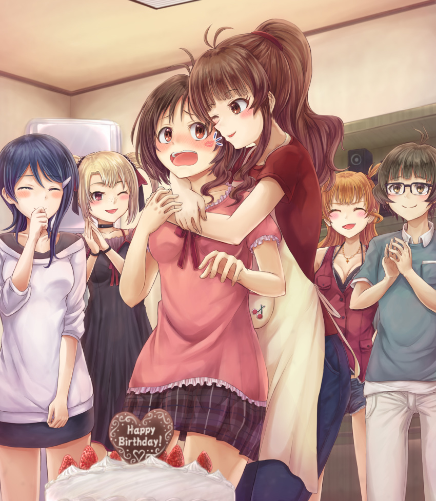 5girls akizuki_ryou antenna_hair apron arigato_(rmskrtkdlqj) birthday_cake blonde_hair blue_hair blush breasts brown_eyes brown_hair cake clapping cleavage closed_eyes commentary_request cutoff_jeans cutoffs denim denim_shorts embarrassed food freckles glasses hair_ornament hairclip happy_birthday hidaka_ai hidaka_mai highres hug hug_from_behind idolmaster idolmaster_dearly_stars jewelry kiss laughing lipstick_mark long_hair mizutani_eri mother_and_daughter multiple_girls necklace one_eye_closed open_mouth plaid plaid_skirt sakurai_yumeko short_shorts shorts skirt small_breasts smile suzuki_ayane twintails wavy_mouth