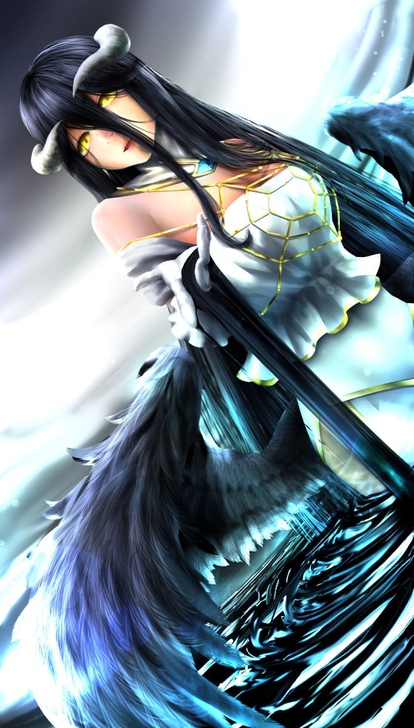 albedo bare_shoulders black_hair black_wings breasts cleavage commentary_request demon_girl demon_horns demon_wings detached_collar dress dutch_angle feathered_wings feathers gloves hair_between_eyes hakuran_(lucifero) highres hip_vent horns jewelry liquid long_hair low_wings necklace overlord_(maruyama) slit_pupils solo white_dress white_gloves wings yellow_eyes