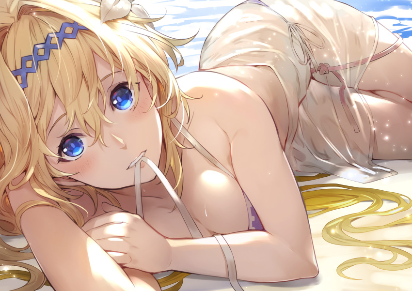 absurdres bangs beach bikini blonde_hair blue_eyes breasts cleavage flower granblue_fantasy hair_between_eyes hair_flower hair_intakes hair_ornament hairband highres jeanne_d'arc_(granblue_fantasy) kakage long_hair looking_at_viewer lying medium_breasts mouth_hold on_side outdoors parted_lips psd_available purple_bikini see-through side-tie_bikini solo swimsuit untied untied_bikini