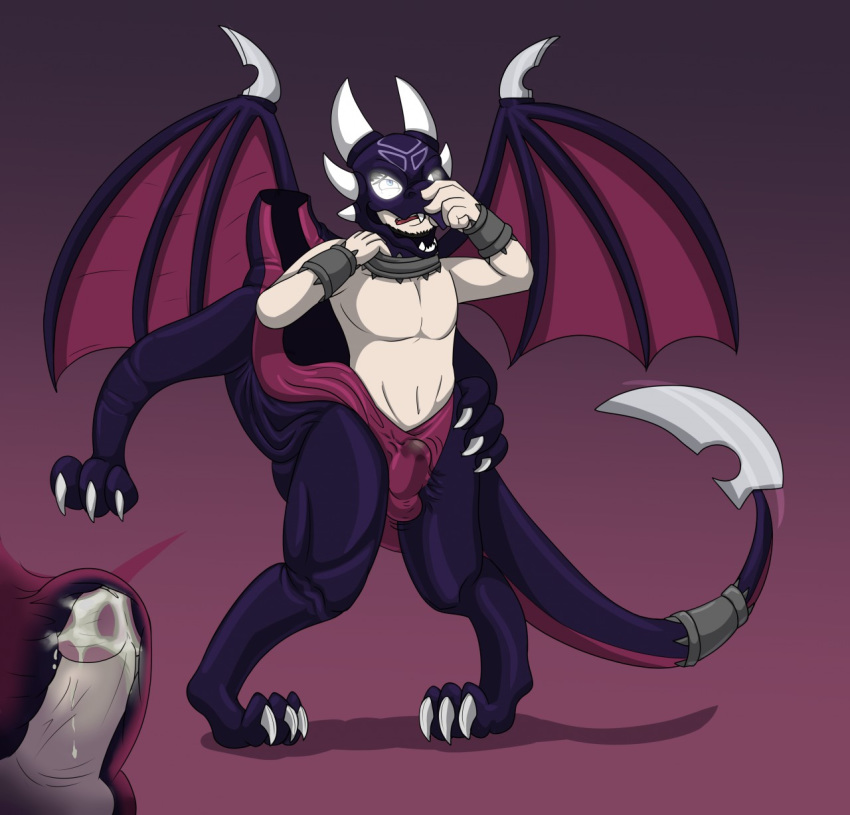 2017 3_fingers 3_toes bulge claws costume cynder dark_cynder digital_drawing_(artwork) digital_media_(artwork) dragon duo erection fursuit glowing glowing_eyes gradient_background hi_res horn human internal living_clothing living_costume living_fursuit male mammal mask membranous_wings nearu-senpai open_mouth penis penis_outline precum scalie shackles simple_background spikes spyro_the_dragon toe_claws toes transformation video_games wings