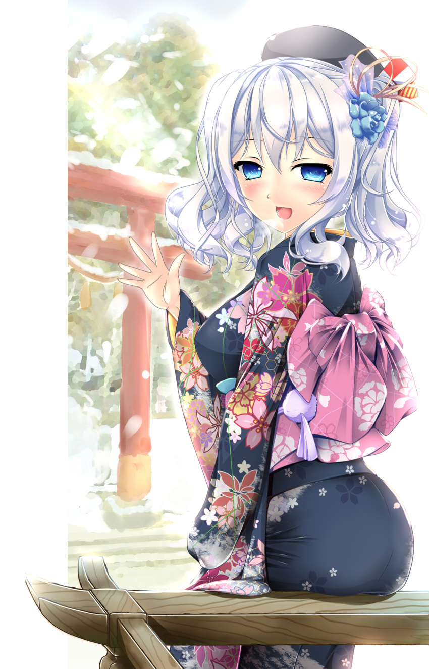 :d akairo_no_mako alternate_costume bangs beret blue_eyes blurry blurry_background blush breasts breath commentary_request cowboy_shot day eyebrows_visible_through_hair flower hair_between_eyes hair_flower hair_ornament happy hat highres japanese_clothes kantai_collection kashima_(kantai_collection) kimono large_breasts light_rays long_hair long_sleeves looking_at_viewer new_year open_mouth outdoors sidelocks silver_hair sitting sitting_on_object smile snow solo stairs sunbeam sunlight torii tree tsurime waving wavy_hair