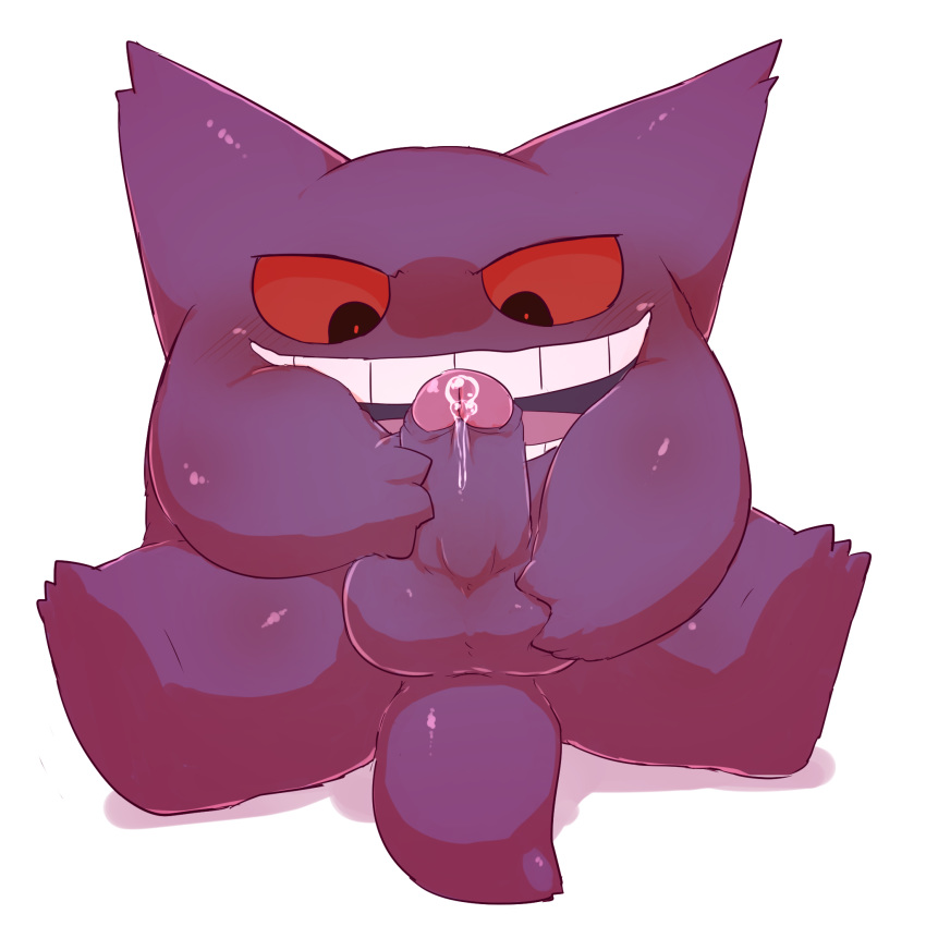 2017 balls blush erection gengar male nintendo open_mouth penis pok&eacute;mon pok&eacute;mon_(species) precum purple_body red_eyes simple_background sitting solo spread_legs spreading video_games waddling_head white_background みぜる