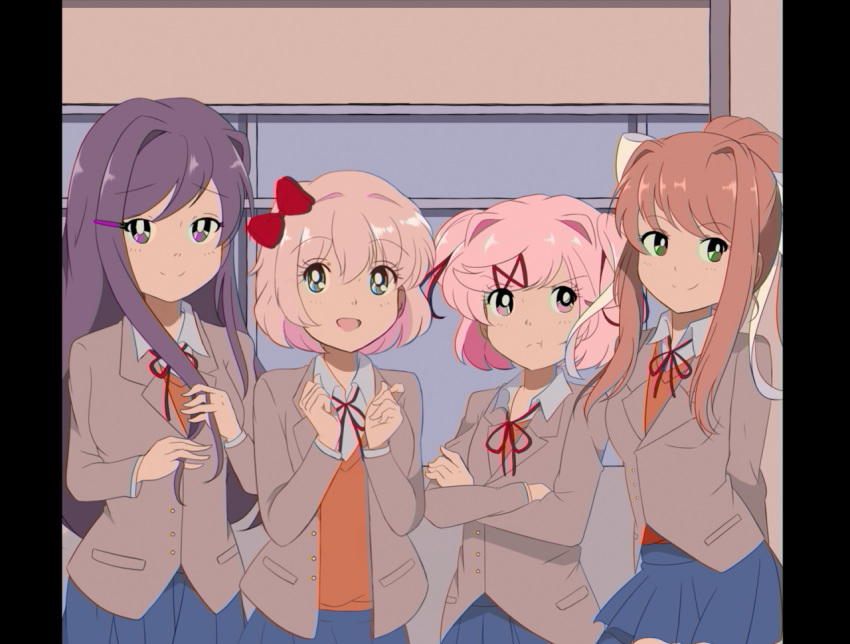4girls 80s :d :t arms_behind_back blue_eyes blue_skirt bow brown_hair chocomiru commentary cowboy_shot crossed_arms doki_doki_literature_club english_commentary eyebrows_visible_through_hair eyes_visible_through_hair green_eyes grey_jacket hair_between_eyes hair_bow hair_ornament hair_ribbon hairclip hands_up jacket long_hair looking_at_viewer making_of monika_(doki_doki_literature_club) multiple_girls natsuki_(doki_doki_literature_club) oldschool open_mouth orange_vest pillarboxed pink_eyes pink_hair ponytail pout purple_eyes purple_hair red_bow red_ribbon ribbon sayori_(doki_doki_literature_club) school_uniform shirt short_hair skirt smile two_side_up white_ribbon white_shirt yuri_(doki_doki_literature_club)