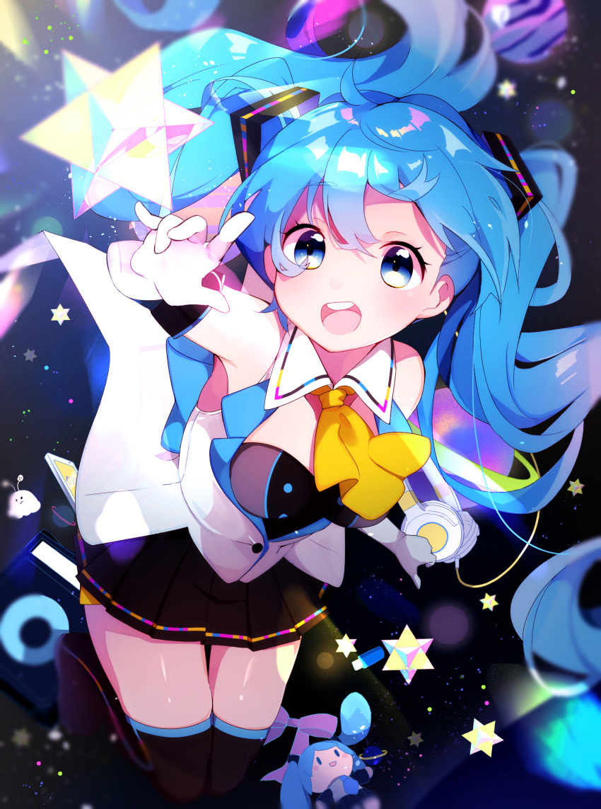 blue_eyes blue_hair character_doll floating_hair gloves goroo_(eneosu) hatsune_miku headphones headphones_removed highres long_hair open_mouth skirt solo stellated_octahedron thighhighs twintails very_long_hair vocaloid