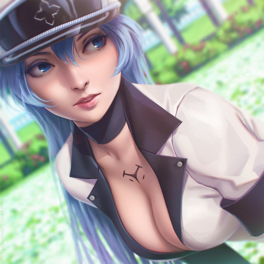 akame_ga_kill! black_choker blue_eyes blue_hair blurry blurry_background breasts choker cleavage colored_eyelashes day depth_of_field dutch_angle esdeath garden hair_between_eyes hat highres jacket leaning_forward lips long_hair looking_away looking_to_the_side medium_breasts military_jacket miura-n315 nose outdoors parted_lips peaked_cap short_sleeves solo tattoo teeth upper_body white_hat white_jacket