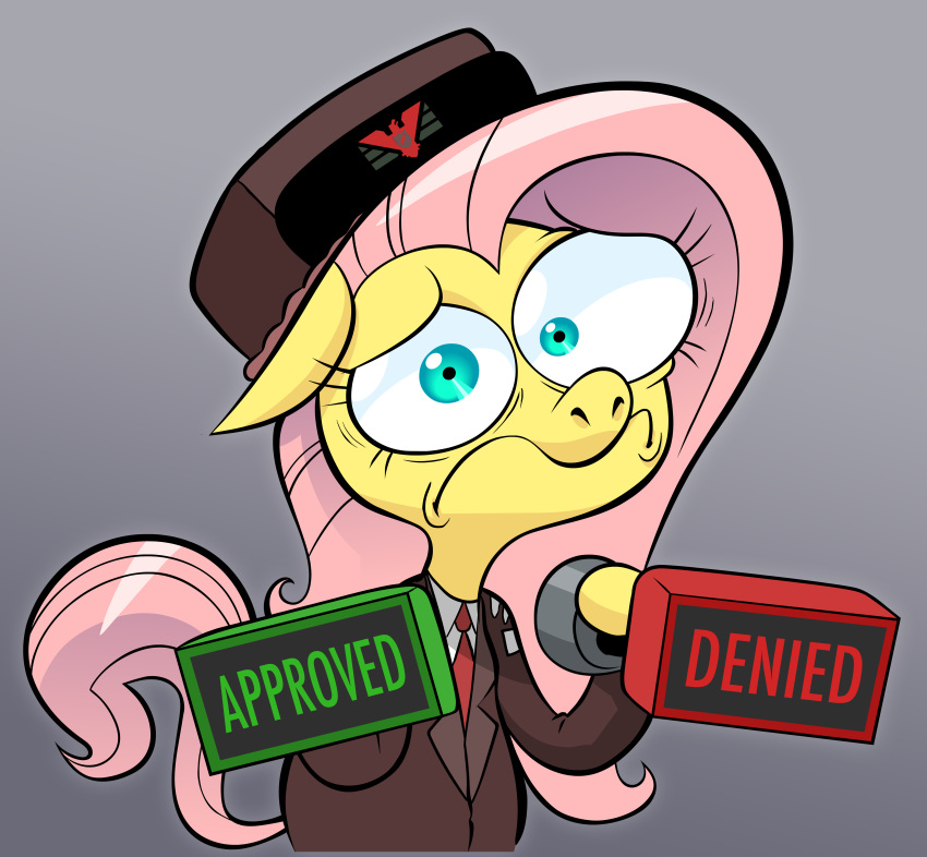 2018 absurd_res blue_eyes clothing english_text equine fluttershy_(mlp) friendship_is_magic hair hat hi_res horse hotdiggedydemon mammal my_little_pony necktie papers_please pony stamp text uniform