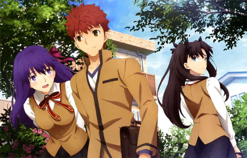 2girls bag black_hair black_ribbon black_skirt blue_eyes blush breasts brown_bag brown_jacket brown_pants brown_vest building cloud cross_print day emiya_shirou fate/stay_night fate_(series) flower flower_request hair_ribbon heaven's_feel highres homurahara_academy_uniform house jacket large_breasts long_hair looking_at_another looking_back magazine_request matou_sakura multiple_girls neck_ribbon official_art open_mouth outdoors pants pink_flower pink_ribbon print_neckwear print_ribbon purple_eyes purple_hair raglan_sleeves red_neckwear red_ribbon ribbon satou_tetsuhito scan school_uniform shirt skirt sky smile toosaka_rin tree twintails vest white_shirt window